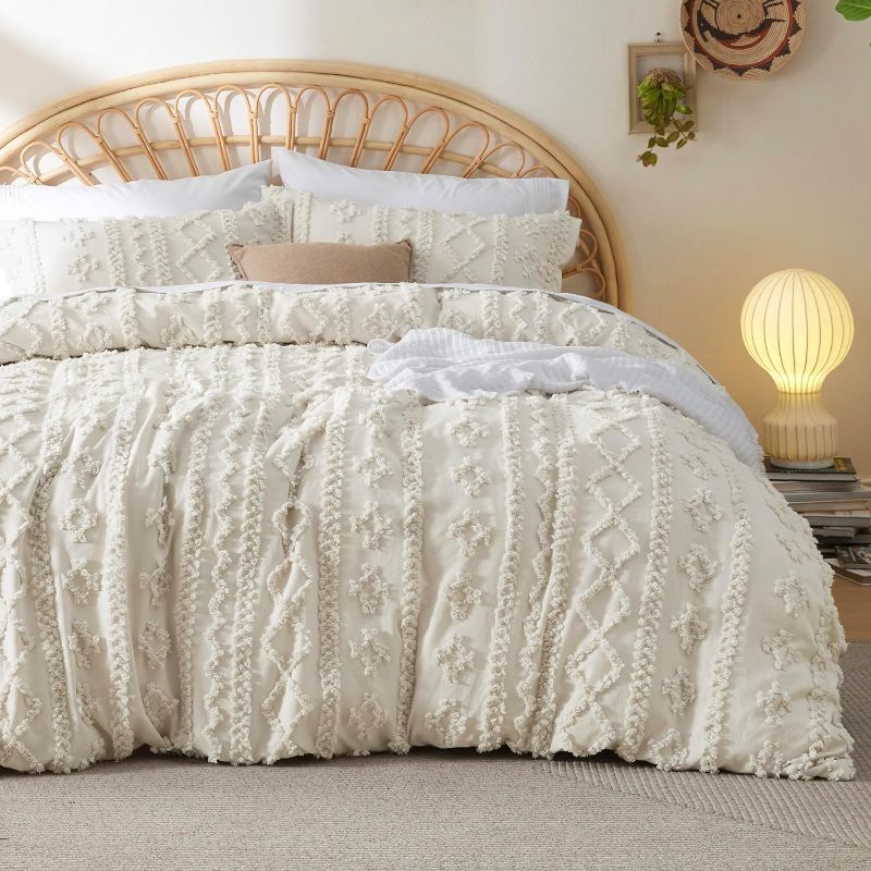 Photo 1 of Bedsure Boho Duvet Cover Queen - Tufted Duvet Cover Queen Size for All Seasons, 3 Pieces Soft Shabby Chic Embroidery Boho Bedding Duvet Cover (Beige, Queen, 90x90)
