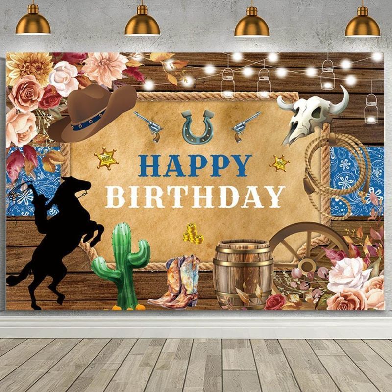 Photo 1 of MEHOFOND 7x5ft Cowboy Happy Birthday Backdrop Blue Old West Cowboy Birthday Photography Background Rustic Wood Kids Floral Western Rodeo Birthday Party Decoration Banner Photo Studio Props Supplies
