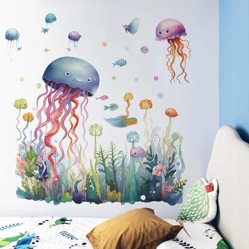 Photo 1 of Under The Sea Jellyfish Coral Wall Decals Ocean Underwater Seaweed Wall Stickers for Baby Nursery Kids Room, Colorful Coral Reef and Seaweed Jellyfish Fish for Bedroom Study Room 2 PACK
