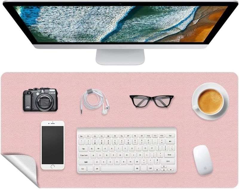 Photo 1 of Office Desk Mat Mouse Mat Pad Decorative Desk Pad Protector PU Leather Desk Blotter Keyboard Writing Desk Cover Ultra-Thin Table Protector Cute for Women & Girl 16 X 24 Inch (Shell-Pink/Bright Silver)
