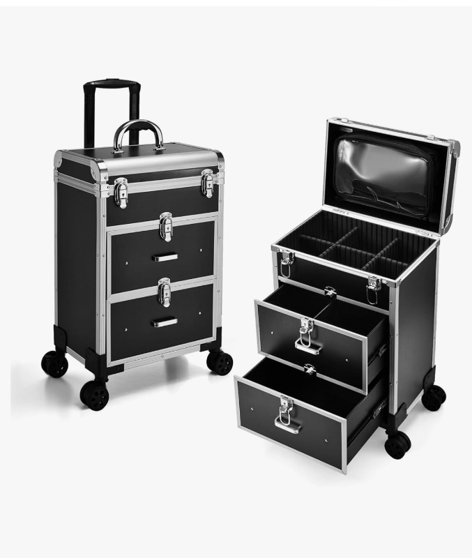 Photo 1 of Adazzo Professional Rolling Makeup Train Case with Drawers, Large Cosmetic Trolley with Locks, Cosmetics Storage Organizer Make up Case for Travel Makeup/Nail Art/Hair Styling, Matte Black