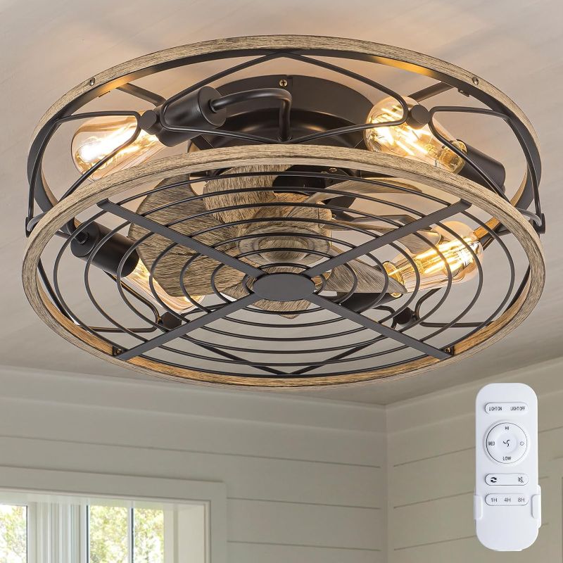 Photo 1 of TIFEROR Caged Ceiling Fans with Lights, 20'' Industrial Bladeless Low Profile Ceiling Fan Lights with Remote Control, Enclosed Ceiling Fans with Reversible Motor, Vintage Style with 5 x E26 Bulbs
