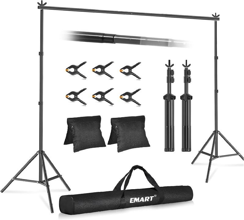 Photo 1 of Emart Backdrop Stand 10x10ft(WxH) Photo Studio Adjustable Background Stand Support Kit with 2 Crossbars, 8 Backdrop Clamps, 2 Sandbags and Carrying Bag for Parties Wedding Events Decoration 10x10 ft Black