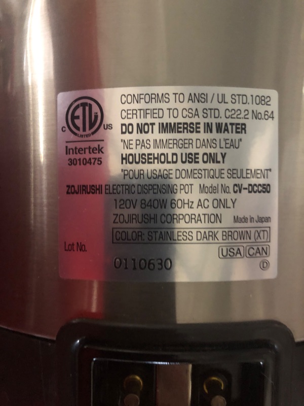 Photo 8 of ***MISSING POWER CORD*SMALL DENTS AROUND SIDES*DIRTY INSIDE***
Zojirushi America CV-DCC50XT VE Hybrid Water Boiler And Warmer, 5-Liter, Stainless Dark Brown 5-Liter Boiler