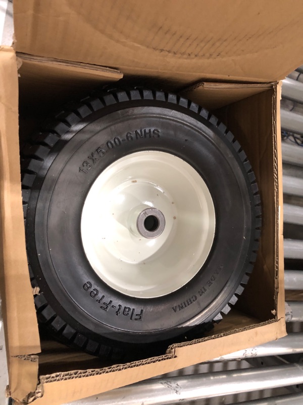 Photo 2 of 2-Pack 13x5.00-6 Flat-Free Tire with Rim,3"Centered Hub with 3/4" Bushings,w/Grease Fitting?400lbs Capacity,13x5-6 No-Flat Solid Rubber Turf Wheel,for Riding Lawn mower,Garden Cart,Wheelbarrow