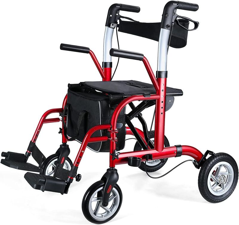 Photo 1 of 2 in 1 Rollator Walker for Seniors-Medical Walker with Seat,Folding Transport Wheelchair Rollator with 10" Big Pneumatic Rear Wheels,Reversible Soft Backrest and Detachable Footrests
