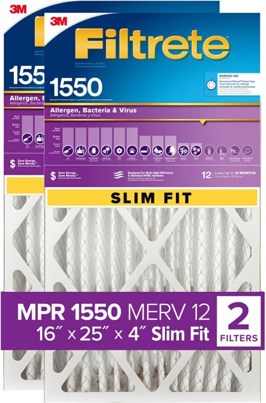 Photo 1 of (READ FULL POST) Filtrete 16x25x4 Air Filter MPR 1550 DP MERV 12, Healthy Living Ultra Allergen Deep Pleat, 4-Pack Slim Fit (3.75" width), Fits Lennox & Honeywell Devices (exact dimensions 15.5 x 24.5 x 3.75)
