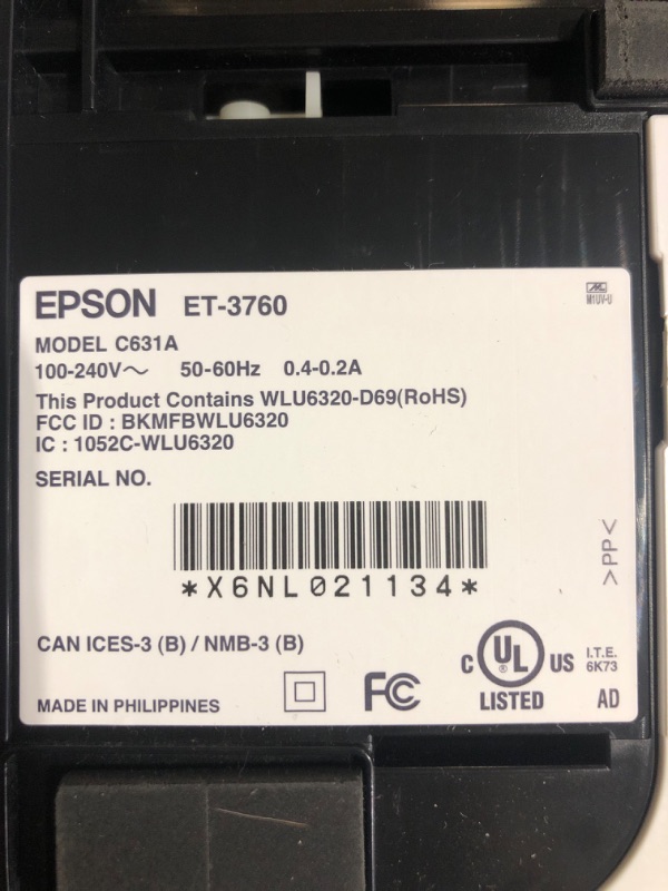 Photo 7 of ***USED - NO INK - POWERES ON - UNABLE TO TEST FURTHER***
Epson EcoTank ET-3760 Wireless Color All-in-One Cartridge-Free Supertank Printer with Scanner, Copier and Ethernet, Regular