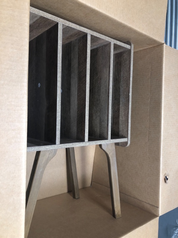 Photo 1 of LELELINKY Record Player Stand,Vinyl Record Storage Table with 4 Cabinet Up to 100 Albums,Mid-Century Modern Turntable Stand with Wood Legs,Oak Grey Vinyl Holder Display Shelf for Bedroom Living Room