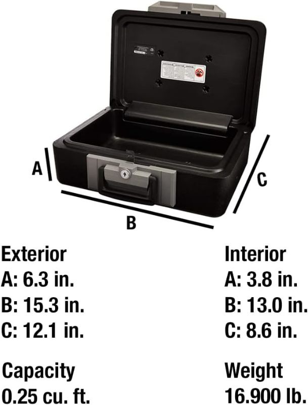 Photo 3 of (READ FULL POST) SentrySafe Fireproof Safe Box with Key Lock, Chest Safe with Carrying Handle to Secure Valuables and Jewelry, 0.25 Cubic Feet, 6.3 x 15.3 x 12.1 Inches, 1160 0.25 cu. ft. fire resistant box Box