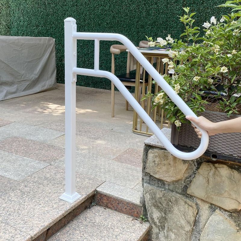 Photo 1 of 32"L X 37.4"H Single Post Wrought Iron Handrails for Outdoor 1-3 Steps,Metal Outdoor Stair Railing,Railings for Steps,Fits Garage, Porch(White)