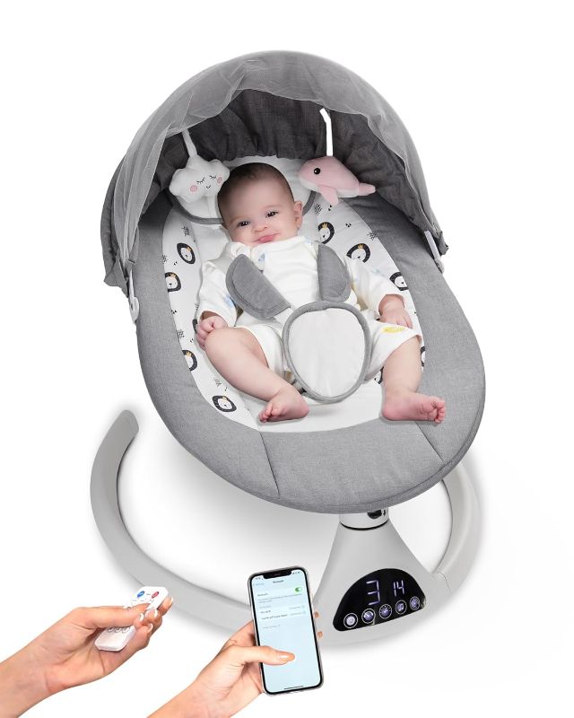 Photo 1 of Baby Swing for Infants to Toddler Portable Babies Swing Timing Function 5 Swing Speeds Bluetooth Touch Screen Music Speaker with 10 Preset Lullabies 5-Point Carabiner Gray