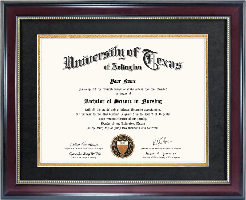 Photo 1 of GraduationMall 8.5x11 Diploma Frame with Black over Gold Mat or Display 11x14 Document without Mat, UV Protection Acrylic, Mahogany with Gold Beads
