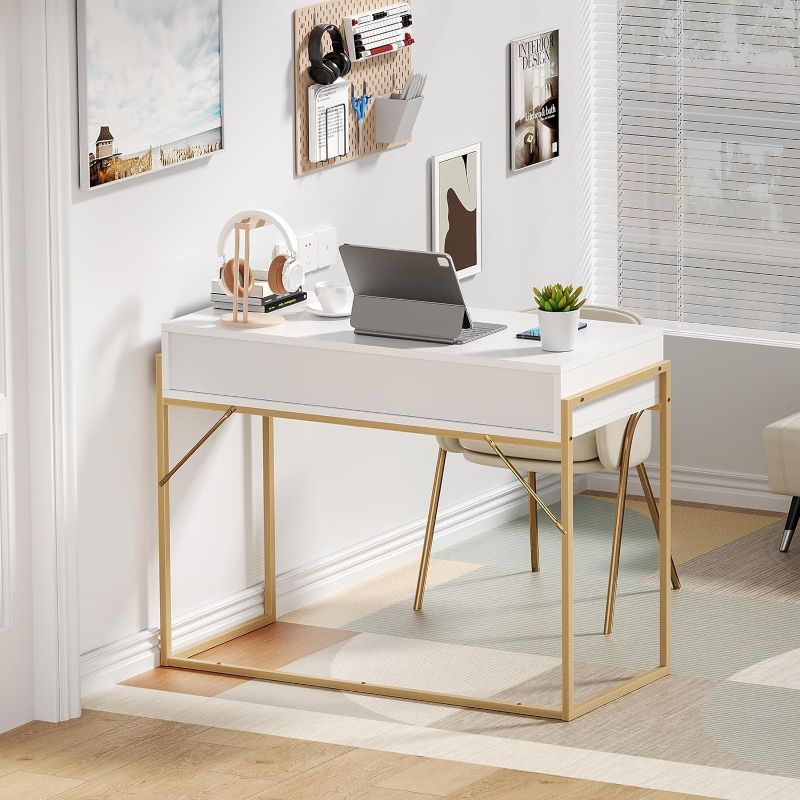 Photo 1 of Anmytek Home Office Writing Desk 2 Drawers Storage, Contemporary Makeup Vanity Table Study Desk, W/Matte White and Gold Finish Frame D0003