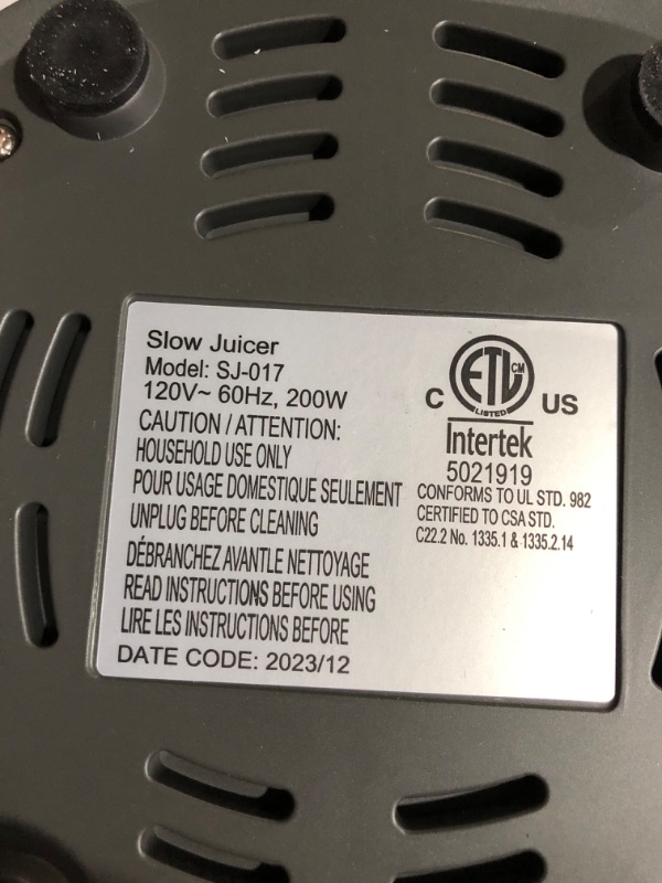 Photo 5 of **READ NOTES, MAJOR DAMAGE,SOLD FOR PARTS,NON-REFUNDALE**
Cold Press GDOR Juicer with 3.5” Feed Chute, Tritan Material, Powerful 100NM Motor Slow Juicer Machines, Heavy Duty, Masticating Juice Extractor Fits Whole Fruits & Veggies, Easy to Clean, Cool Gre