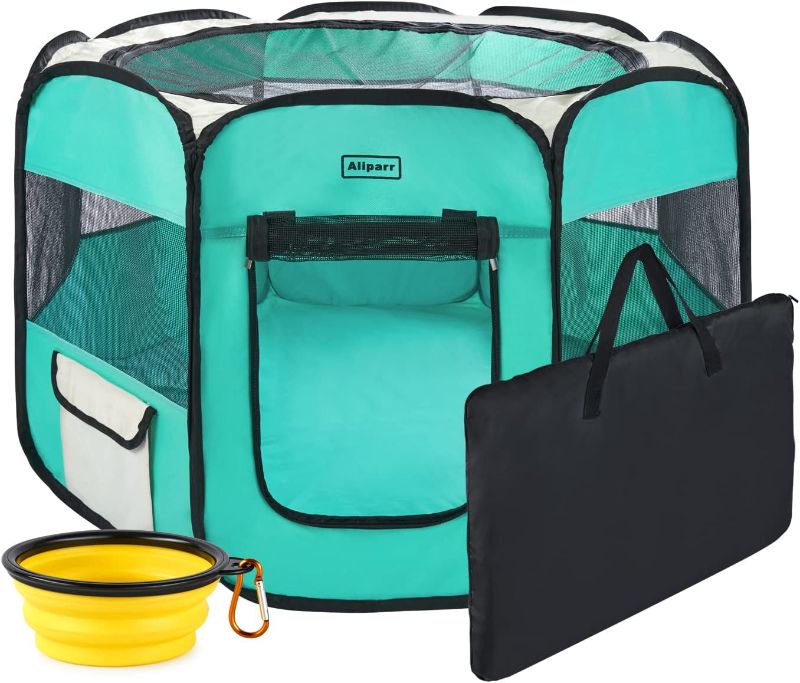 Photo 1 of **LOOKS NEW** Ruff 'N Ruffus Portable Foldable Pet Playpen + Carrying Case & Collapsible Travel Bowl | Indoor/Outdoor use | Water Resistant | Removable Shade Cover (Extra Large (48" x 48" x 23.5") Free Bonus) Teal Blue
