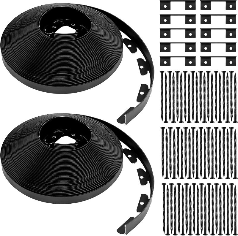 Photo 1 of 1.5'' x 200' Landscape Edging Kit No Dig Edging Border Coil Include 60 Anchoring Spikes 10 Connectors Plastic Garden Edging Border for Lawn Garden Grass Yard Home School, Black
