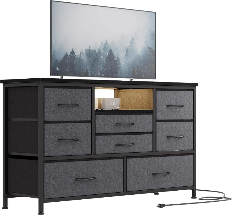 Photo 1 of (READ FULL POST) 8 Dresser TV Stand with Power Outlet & LED for 55'' TV, Long Dresser for Bedroom with 8 Deep Drawers, Wide Console Table for Storage in Closet, Living Room, Entryway, Wood Top (Grey)
