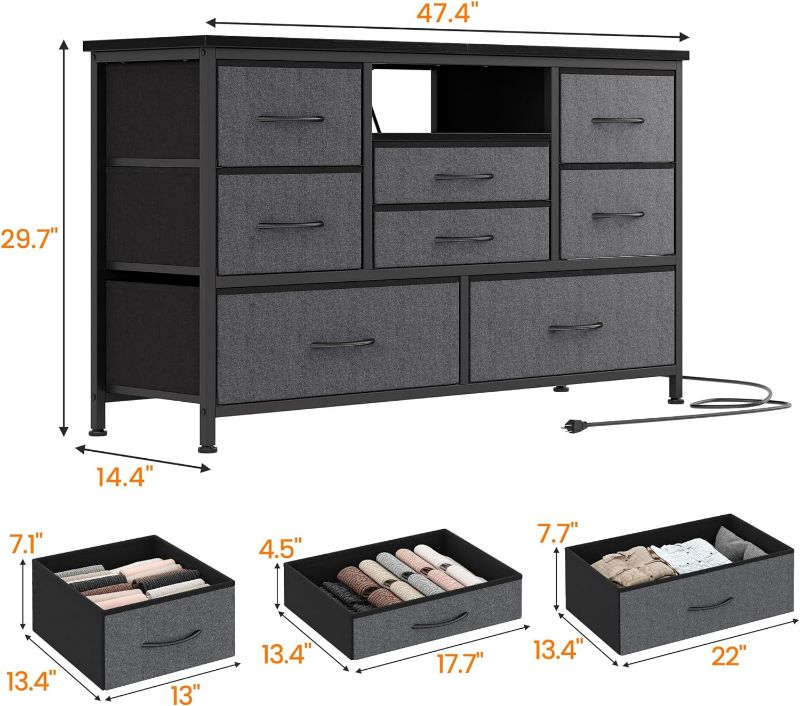 Photo 5 of (READ FULL POST) 8 Dresser TV Stand with Power Outlet & LED for 55'' TV, Long Dresser for Bedroom with 8 Deep Drawers, Wide Console Table for Storage in Closet, Living Room, Entryway, Wood Top (Grey)
