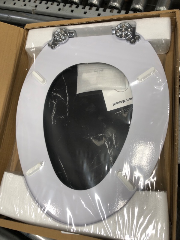 Photo 2 of Elongated Toilet Seat, Slow Close Wood Toilet Seats, Elongated Toilet Seats with Strong Alloy Hinges, Adjustable Toilet Seat, Easy to Install and Clean Elongated Black Marble