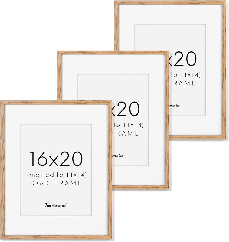 Photo 1 of 16x20 Picture Frame for Wall, Solid Oak Wood 16x20 Frame Matted to 11x14, 16"x20" Poster Frames with Real Glass, Natural Wood 20 x 16 Frames Art Frames for Wall Decor, 3 Pack