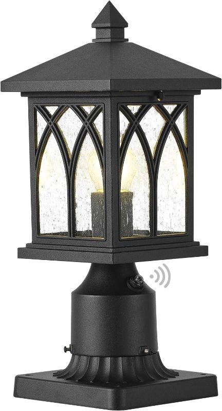 Photo 1 of 14.7" High Outdoor Post Lights with Dusk to Dawn Sensor, Exterior Post Lantern Fixture with Pier Mount Base, Matte Black Lamp Post with Clear Seeded Glass for Garden, Walkway
