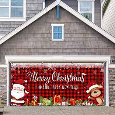 Photo 1 of Christmas Garage Door Banner Cover 6 x 13 ft, Extra Large Fabric Santa Claus Reindeer Backdrop Photo Booth Background Yard Sign Xmas Holiday Winter New Year Party Supplies, Buffalo Plaid, Red & Black White