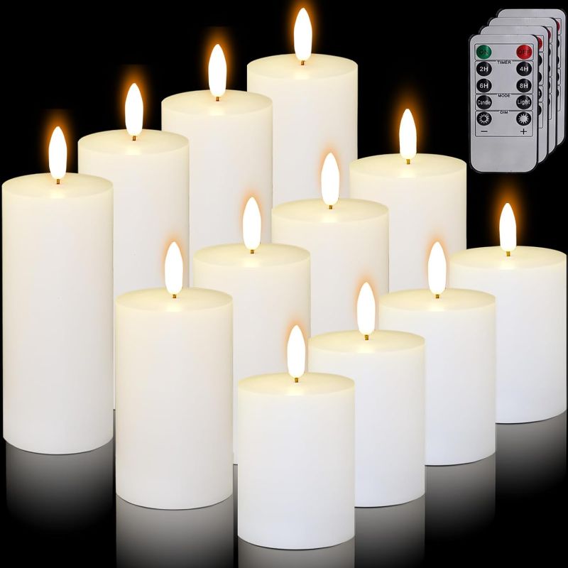Photo 1 of 12 Pcs White Flameless Candles LED Candles with Remote and Timer, Flat Top Pillar Flameless Candle Flickering Battery Operated Candle for Wedding Festival Outdoor Home Decor D 3'' H 4'' 5'' 6''