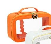 Photo 1 of BINGBONG Large Clear makeup Bag, Portable Travel Toiletry Cosmetic Bag Case for Women, Heavy Duty PU Leather Make Up Pouch with Transparent & Gold Heart-shaped Zippers (ORANGE)