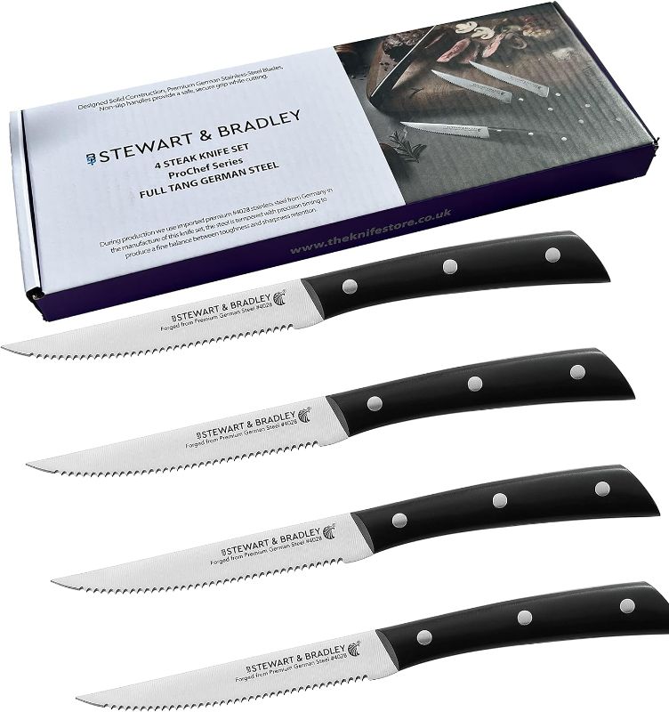 Photo 1 of STEWART & BRADLEY Steak Knives Set of 4, Full Tang, Premium German Steel #4028, Razor Sharp steak knives, Lightweight 5Inch Serrated Blades. Steak knife set for Every use. Steak Knives Set of 4

