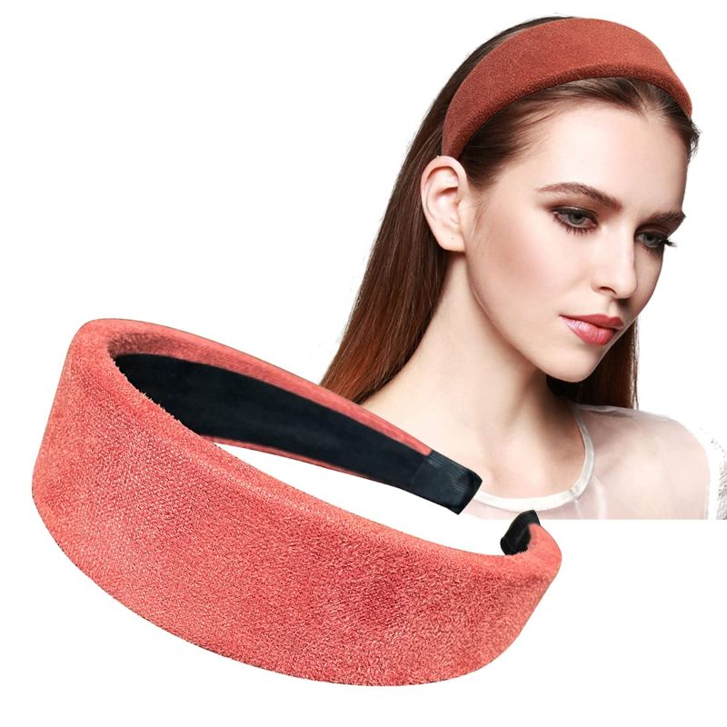 Photo 1 of 1.5 inch Brown Fashion Headbands for Women Girls Wide Padded Hairbands Suedu-like Headwear for Daily ORANGE