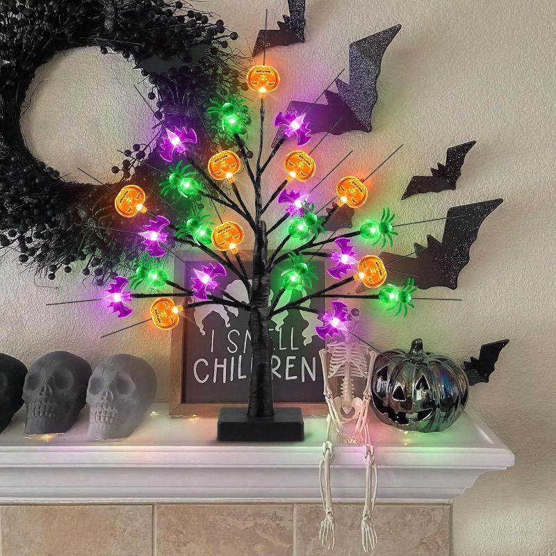 Photo 1 of [Timer] Halloween Decor 18 Inch Black Halloween Tree with 24 LED Pumpkin Bat Spider Light, USB/Battery Operated Lighted Birch Tree Spooky Halloween Table Decorations Indoor Outdoor for Home Room Party
