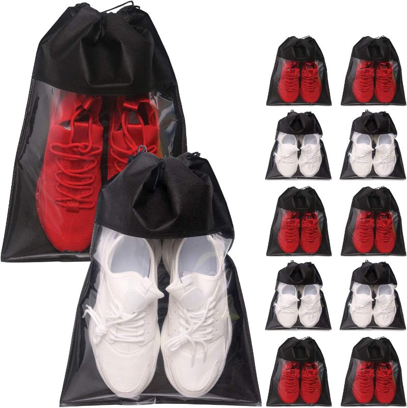 Photo 1 of 12 Pack Portable Shoe Bags for Travel Large Shoes Pouch Storage Organizer Clear Window with Drawstring for Men and Women Black
