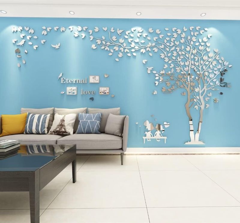 Photo 1 of 3D Tree Wall Stickers DIY Family Photo Frame Tree and Birds Wall Decals Tree Stickers Murals Décor for Living Room Bedroom Home Decorations(Frame Tree-Silver Right,XL-137X70in)
