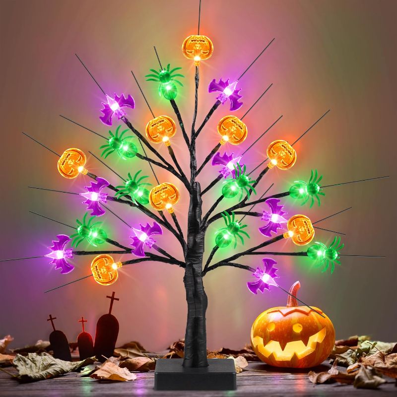Photo 1 of [Timer] Halloween Decor 18 Inch Black Halloween Tree with 24 LED Pumpkin Bat Spider Light, USB/Battery Operated Lighted Birch Tree Spooky Halloween Table Decorations Indoor Outdoor for Home Room Party
