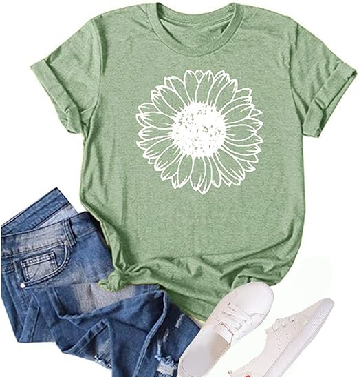 Photo 1 of Bwogeeya Womens Sunflower T Shirts Summer Vintage Short Sleeve Cotton Graphic Printed Tees Tops XX-Large Light Green