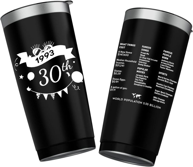 Photo 1 of 20 oz Double-sided Vintage 1993 Coffee Tumbler Cup With Old Time Information, 30th Birthday Gifts for Women Men Parents, 30th Birthday Decoration, 30th Vacuum Cup with Lid Black
