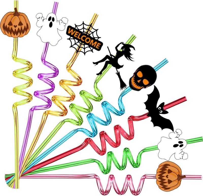 Photo 1 of 24 Pcs Halloween Party Favors Halloween Straws Reusable Plastic Crazy Straws Bats Pumpkin Witch Ghost Straws with 2 Cleaning Brush for Kids Halloween Party Supplies Birthday Decoration.(8Color)
