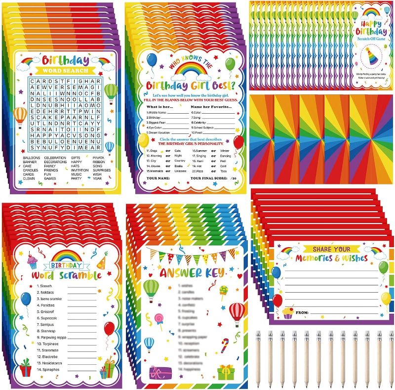 Photo 1 of 142pcs Rainbow Birthday Party Supplies Game Who Knows The Birthday Girl Best Games Cards for Kids Classroom Birthday Party Activity Game Card Set Game Card with Pointed Pencil for Classroom Supplies