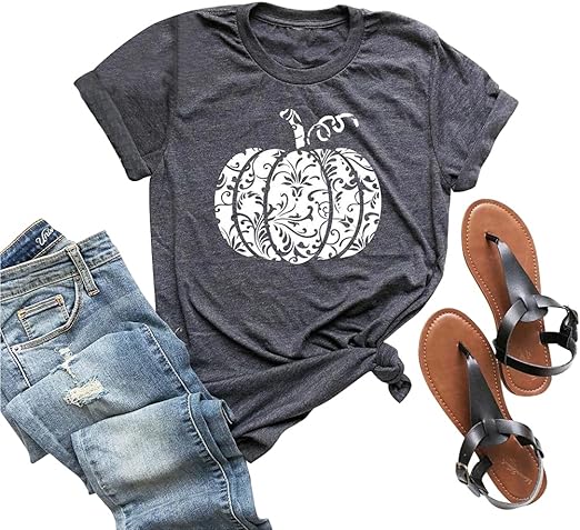 Photo 1 of KIDDAD Halloween Pumpkin Shirt Women Floral Pumpkin T Shirt Casual Short Sleeve Fall Tees Tops MEDIUM