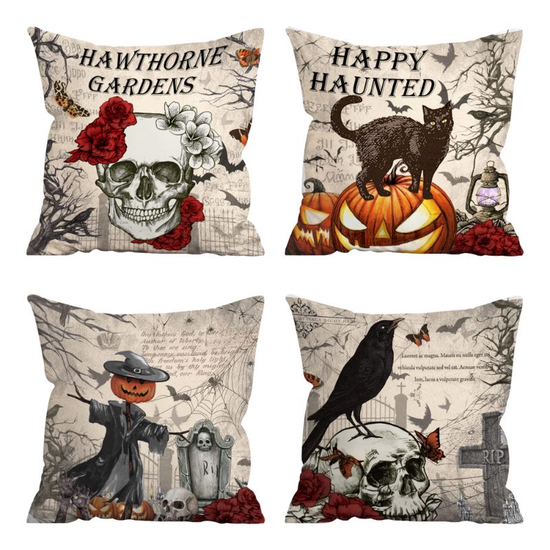 Photo 1 of 2 pack - Hexagram Halloween Pillow Covers 16x16 inch Set of 4, Gothic Style Black Cat Pumpkins Indoor Outdoor Halloween Decorations Home Decor Halloween Skull 16x16 inch