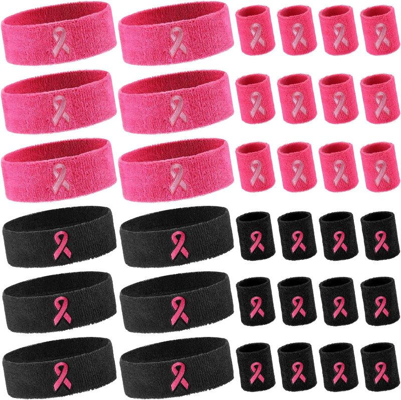 Photo 1 of 36 Pcs Breast Cancer Awareness Sweatbands Set Pink Ribbon Awareness Sport Headbands Includes 24 Pcs Athletic Wrist Bands 12 Pcs Head Sweat Bands for Women Awareness Month Pink, Black, White