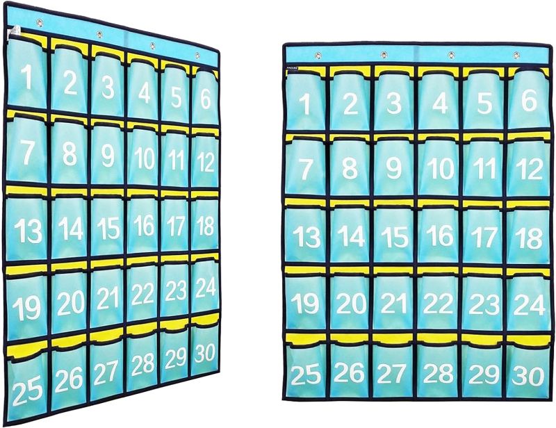 Photo 1 of ANZORG 2 Pack Numbered Classroom Phone Organizer Calculator Holder Storage Over Door Hanging School Pocket Chart with 30 Pockets (Blue)