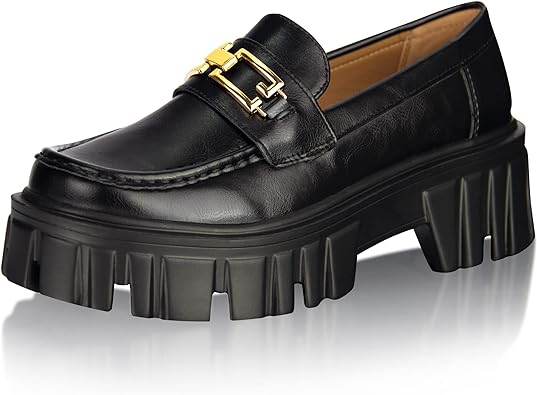 Photo 1 of (READ FULL POST) RIJATRAGAR Women's Cute Platform Chunky Low Heel Penny Loafers, Ladies Elegant Chain Slip On Dress Flats Shoes 65.5 Black