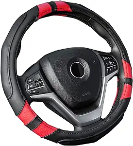 Photo 1 of Achiou Black and Red Car Steering Wheel Cover Universal 15 inch with Grip Contours, Leather Auto for Men and Women Non-Slip Breathable Soft and Comfortable