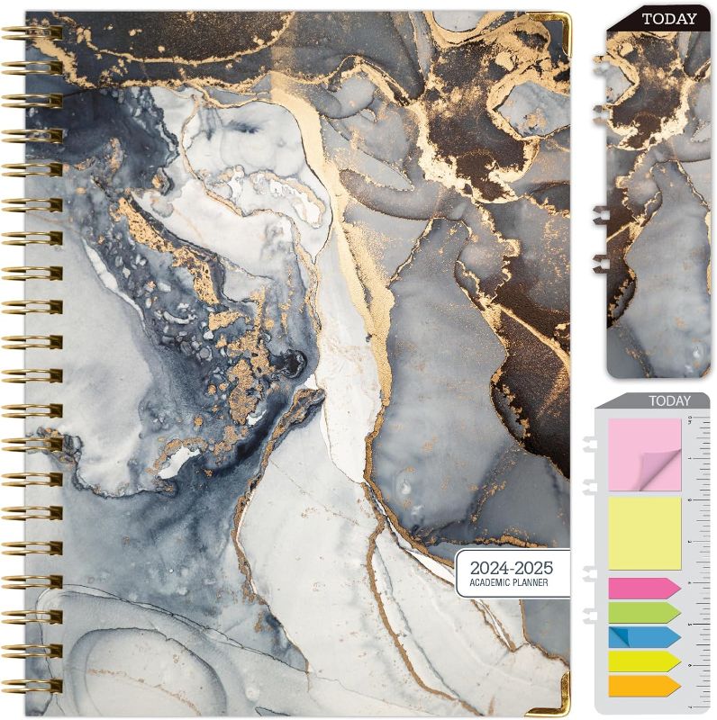 Photo 1 of HARDCOVER Academic Year 2023-2024 Planner: (June 2023 Through July 2024) 8.5"x11" Daily Weekly Monthly Planner Yearly Agenda. Bookmark, Pocket Folder and Sticky Note Set (Black Gold Marble) LARGE: 8.5" x 11"