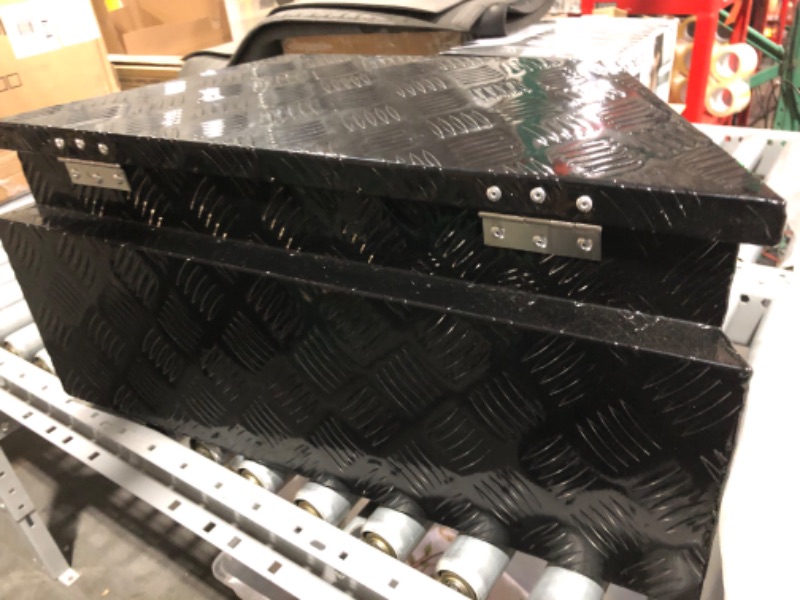 Photo 1 of 8SC82 26 Inch Black Aluminum Tool Box Wide Utility Trailer Tongue 5 Bar Tread ToolBox for Pick Up Truck Bed RV ATV Organizer Trailer Storage Tool Box with Lock and Keys (26"X13.3"X12")