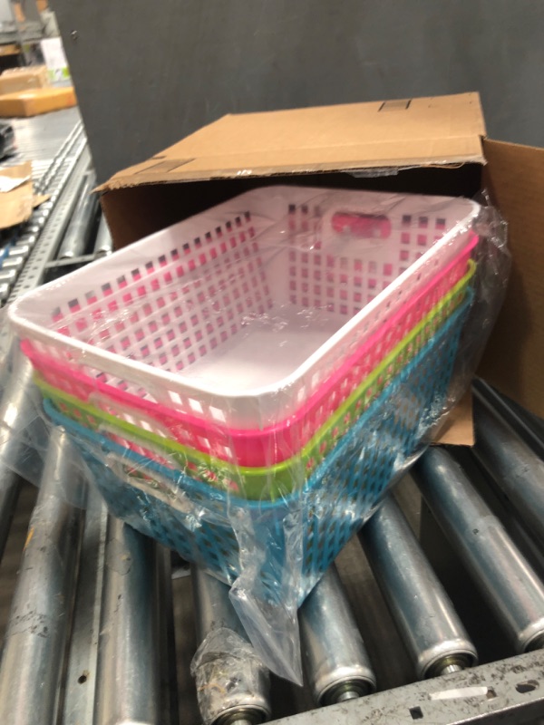 Photo 2 of Really Good Stuff - 666014 Plastic Storage Baskets for Classroom or Home Use – Stackable Mesh Plastic Baskets with Grip Handles – Bright Neon Colors – 13" x 10" (Set of 6)