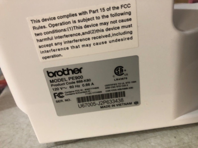 Photo 3 of ***SEE NOTES***Brother New Model PE900 Embroidery Machine, Wireless LAN Connected, 193 Built-in Designs, 5" x 7" Hoop Area, Large 3.7" LCD Touchscreen, USB Port, 13 Font Styles, White PE900 Machine Only