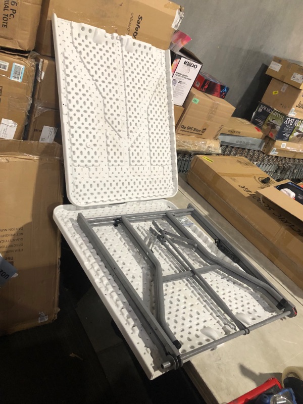 Photo 8 of (used item)cut during inspection) (AM The America Store - Plastic Folding Table, Indoor Outdoor Heavy Duty Portable w/Handle